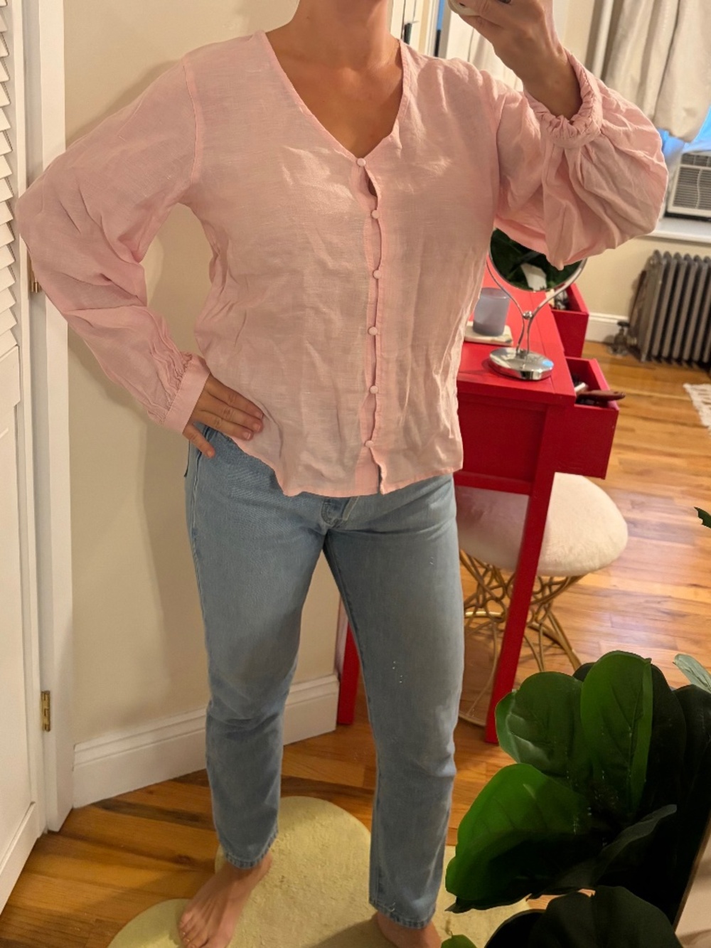 Laura Ashley Pink Linen Blend Button-Front Blouse - Size Small